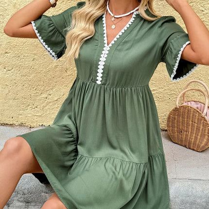 Lace Detail Notched Flounce Sleeve Mini Dress - Image 5