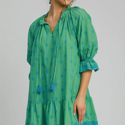 Umgee Full Size Tassel Embroidered Flounce Sleeve Mini Dress Plus Size - Image 1