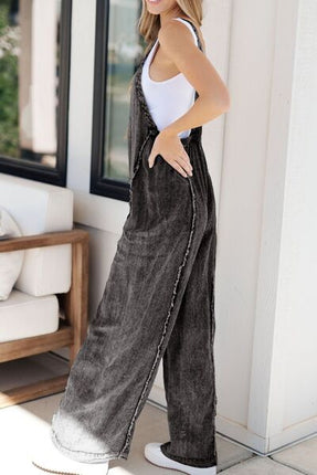 Frayed Exposed Seam Wide Leg Denim Overalls - Image 8