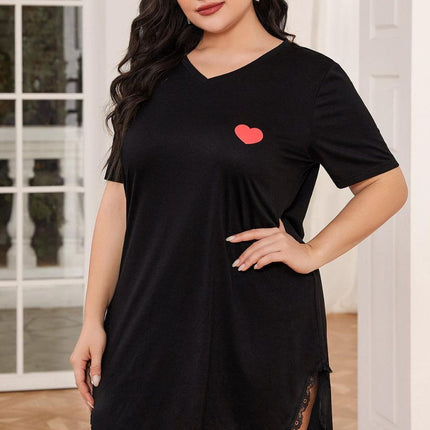Plus Size Lace Trim V-Neck Short Sleeve Night Dress - Image 4
