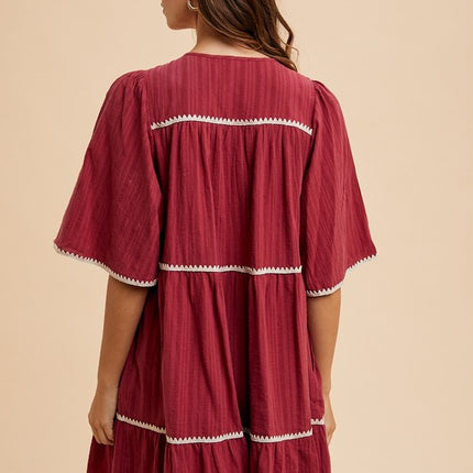 Annie Wear Tassel Contrast Trim Tie Neck Half Sleeve Tiered Dress - Image 3