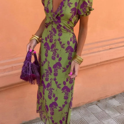 Printed Plunge Short Sleeve Midi Dress - Image 4