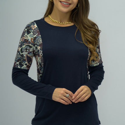 Shiny Round Neck Printed Shoulder Tee - Image 1