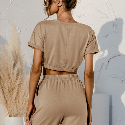 Short Sleeve Cropped Top and Drawstring Shorts Lounge Set - Image 9