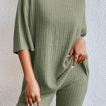 Round Neck Ribbed Top and Shorts Lounge Set - Image 1