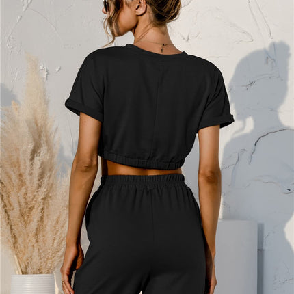 Short Sleeve Cropped Top and Drawstring Shorts Lounge Set - Image 2
