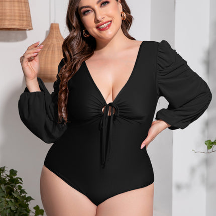 Plus Size Tied Deep V Balloon Sleeve One-Piece Swimsuit - Image 3