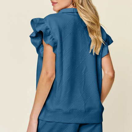 Double Take Full Size Texture Flounce Sleeve Top and Drawstring Shorts Set - Image 18