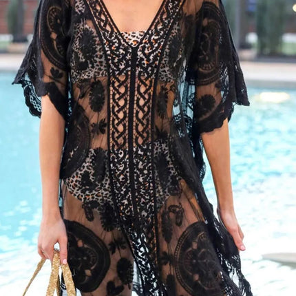 Lace V-Neck Half Sleeve Cover-Up - Image 1