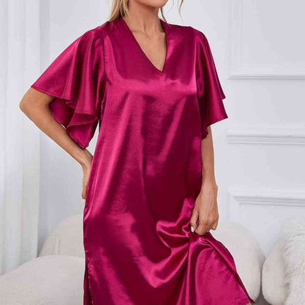 Satin Flutter Sleeve Side Slit V-Neck Night Dress - Image 5