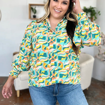 Double Take Full Size Printed Smocked Long Sleeve Blouse - Image 13