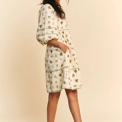 Davi & Dani Cactus Printed Poplin Contrast Piping Mini Dress - Image 9