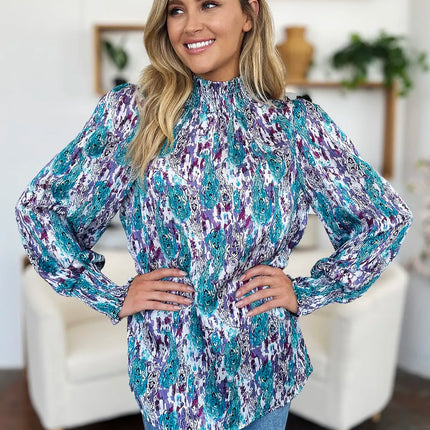 Double Take Full Size Printed Smocked Long Sleeve Blouse - Image 10
