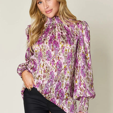 Double Take Full Size Printed Smocked Long Sleeve Blouse - Image 22