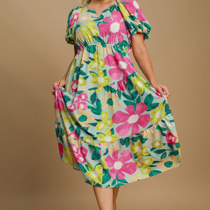 Umgee Full Size Tiered Floral Print Notched Puff Sleeve Midi Dress Plus Size - Image 4