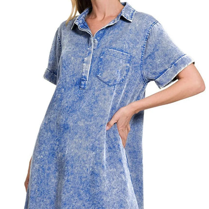 Zenana Tencel Mineral Washed Collared Shirts Dress - Image 1