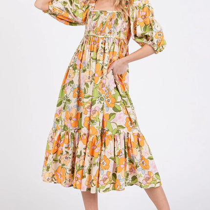 Mittoshop Flower Print Puff Sleeve Ruffle Smocked Midi Dress - Image 3