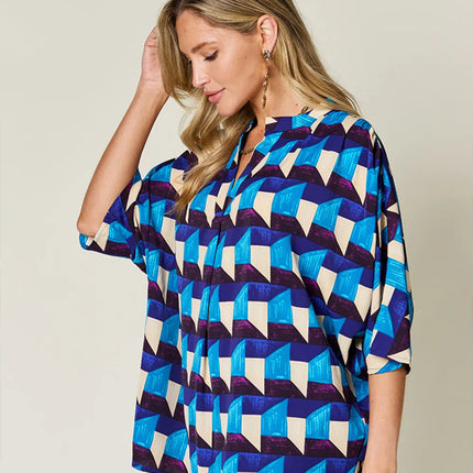 Double Take Full Size Geometric Notched Half Sleeve Blouse - Image 2