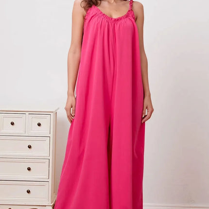 Double Take Full Size Ruffle Trim Tie Back Cami Jumpsuit with Pockets - Image 1