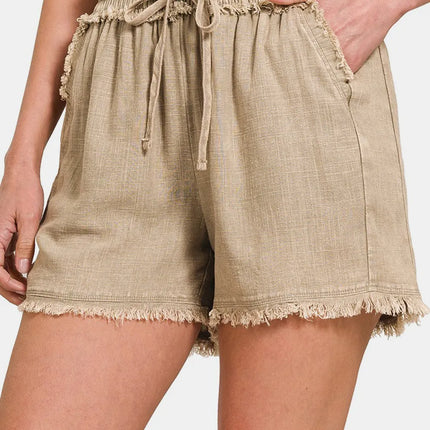 Zenana Washed Linen Frayed Hem Drawstring Shorts - Image 1