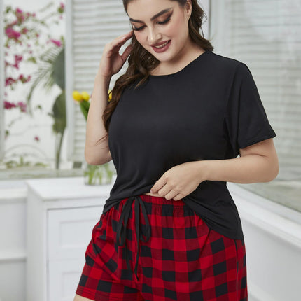 Plus Size Round Neck Tee Shirt and Plaid Shorts Lounge Set - Image 3
