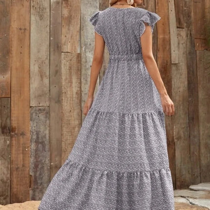 Printed V-Neck Ruffled Cap Sleeve Maxi Dress - Image 12