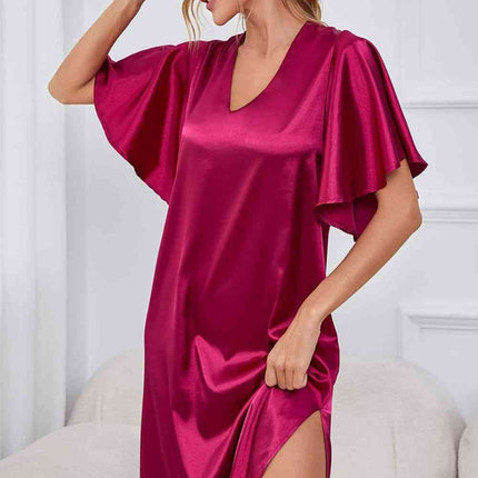 Satin Flutter Sleeve Side Slit V-Neck Night Dress - Image 3