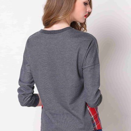 Full Size Plaid Patch Drop Shoulder Round Neck Top - Image 5