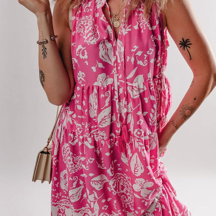 Floral Sleeveless Tasseled Tie Neck Tiered Midi Dress - Image 4
