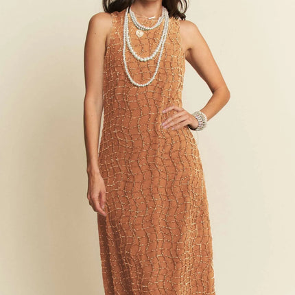 Davi & Dani Golden Textured Zippered Midi Dress - Image 3