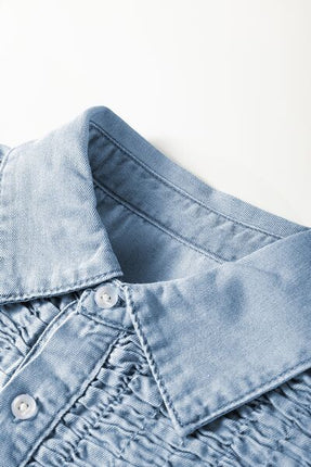 Smocked Collared Neck Cap Sleeve Denim Dress - Image 10