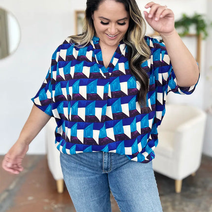 Double Take Full Size Geometric Notched Half Sleeve Blouse - Image 7