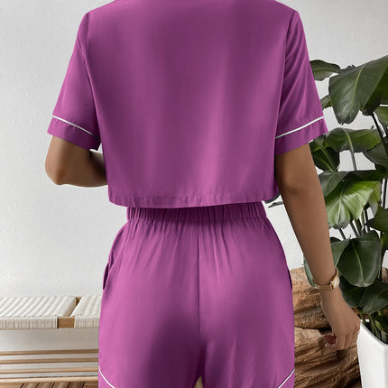 Ivy Lane Contrast Lapel Collar Cropped Shirt and Shorts Lounge Set - Image 6