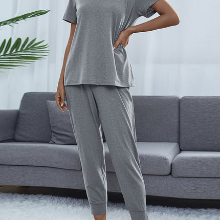 Shiny Round Neck Short Sleeve Top and Pants Set - Image 18