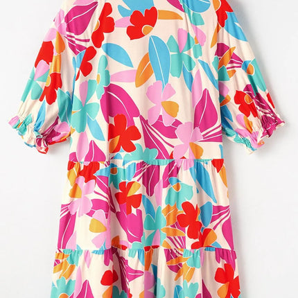 Floral Bubble Sleeve V Neck Tiered Ruffle Babydoll Dress - Image 8