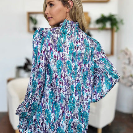 Double Take Full Size Printed Smocked Long Sleeve Blouse - Image 16