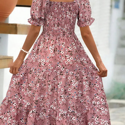 Floral Square Neck Short Sleeve Tiered Dress - Image 6