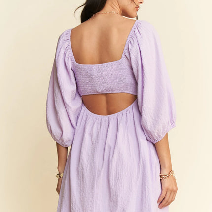 Davi & Dani Self-Tie Puff Sleeve Smocking Open Back Mini Dress - Image 5