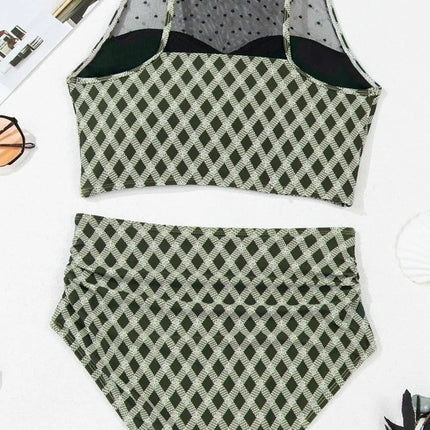 Dotted Mesh Plaid Patchwork High Waisted Swim Set - Image 9
