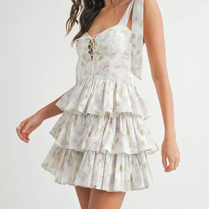 MABLE Floral Print Shoulder Tie Layered Mini Dress - Image 6