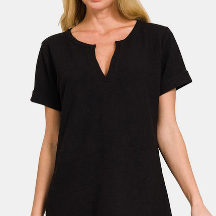 Zenana Notched Short Sleeve Waffle T-Shirt - Image 1