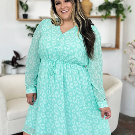 Double Take Full Size Printed Ruched V-Neck Long Sleeve Dress - Image 10