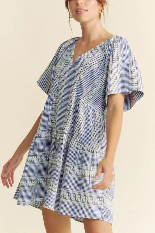 Davi & Dani Embroidered Stripe Ruffled Gingham Mini Dress