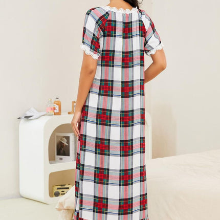 Plaid Lace Trim Ruffle Hem Night Dress - Image 2