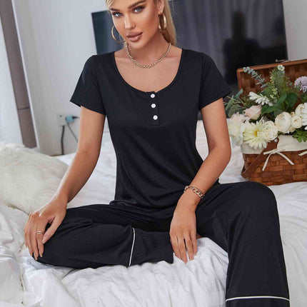 Scoop Neck Top and Elastic Waist Pants Lounge Set - Image 5