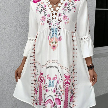 Lace Detail Printed Three-Quarter Sleeve Dress - Image 7