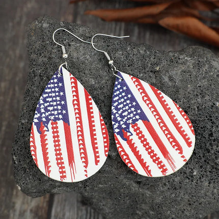 PU Leather US Flag Teardrop Shape Earrings - Image 1