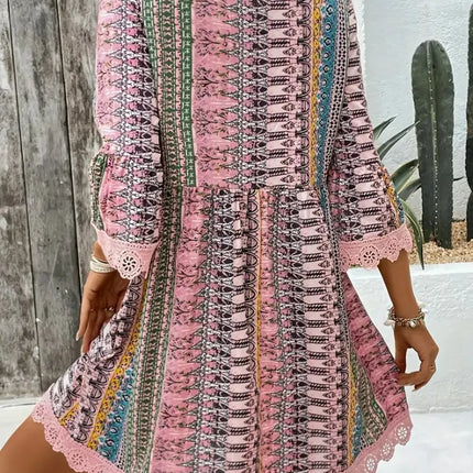 Lace Trim Printed V-Neck 3/4 Sleeve Dress - Image 9