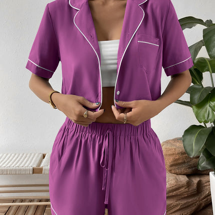 Ivy Lane Contrast Lapel Collar Cropped Shirt and Shorts Lounge Set - Image 5