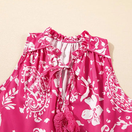 Floral Sleeveless Tasseled Tie Neck Tiered Midi Dress - Image 8